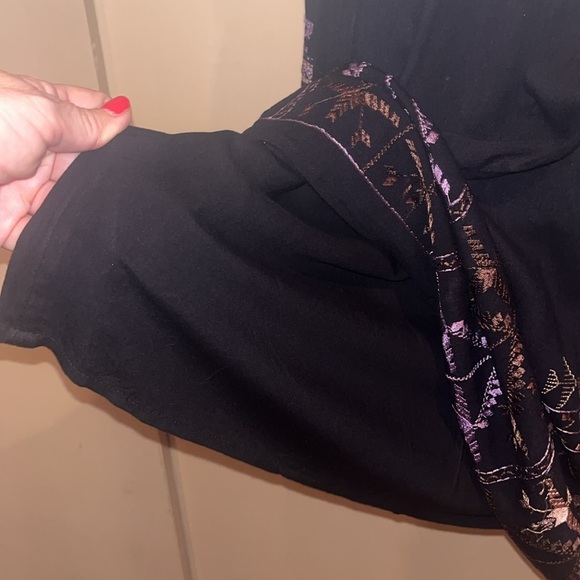 Free People black mini dress size XS with back tie and deep V bk w/ embroidery - Picture 10 of 13
